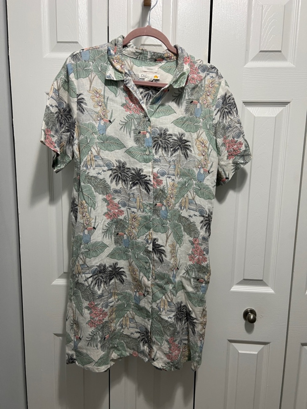 C&C California Short Sleeve Tropical Button-Down Shirt - Green, Blue, Pink